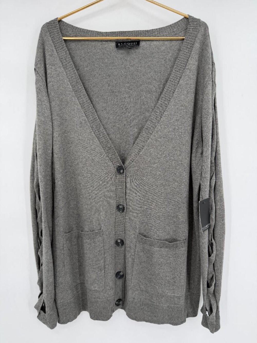 ELOQUII Women’s Plus 18/20 Gray Lattice Sleeve Button Front Cardigan NWT